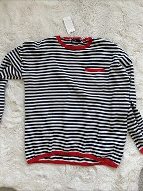 LILLUSORY Striped Navy & White Crewneck Sweater with Red Trim XL